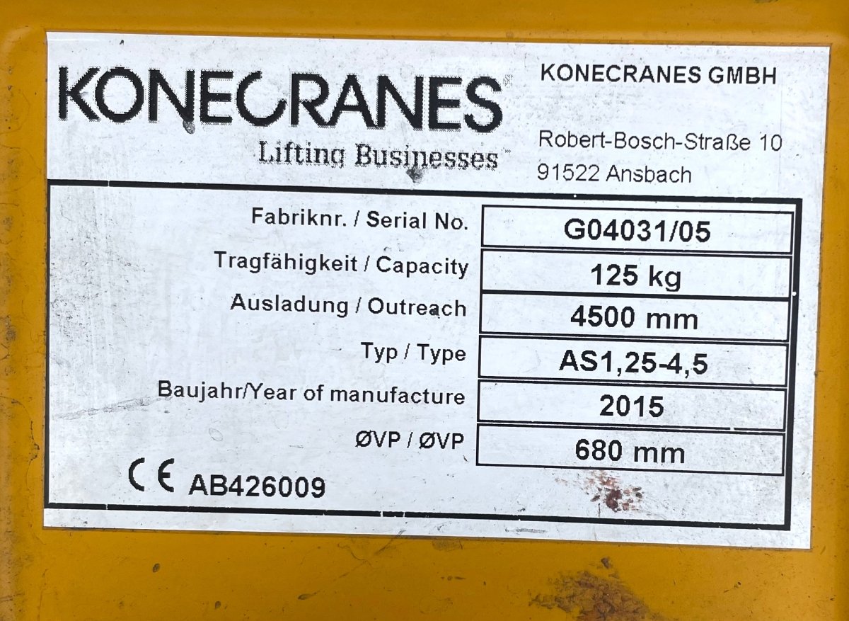 Konecranes Säulenschwenkkran AS1,25 - 4,5, Baujahr 2015 - #product_category# | KLEMA Maschinenhandel