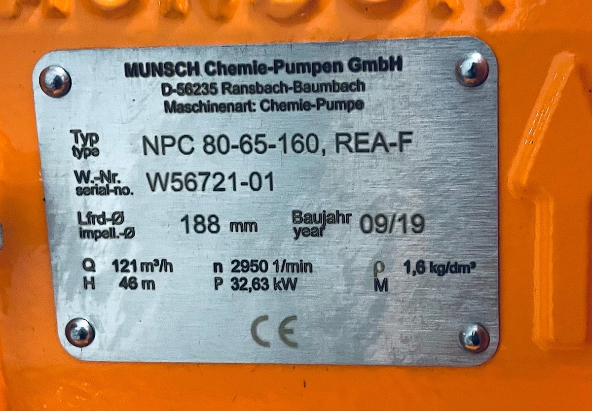 Munsch Chemiepumpe NPC90 - 65 - 160,REA - F mit ABB 45 kW Antriebsmotor - #product_category# | KLEMA Maschinenhandel