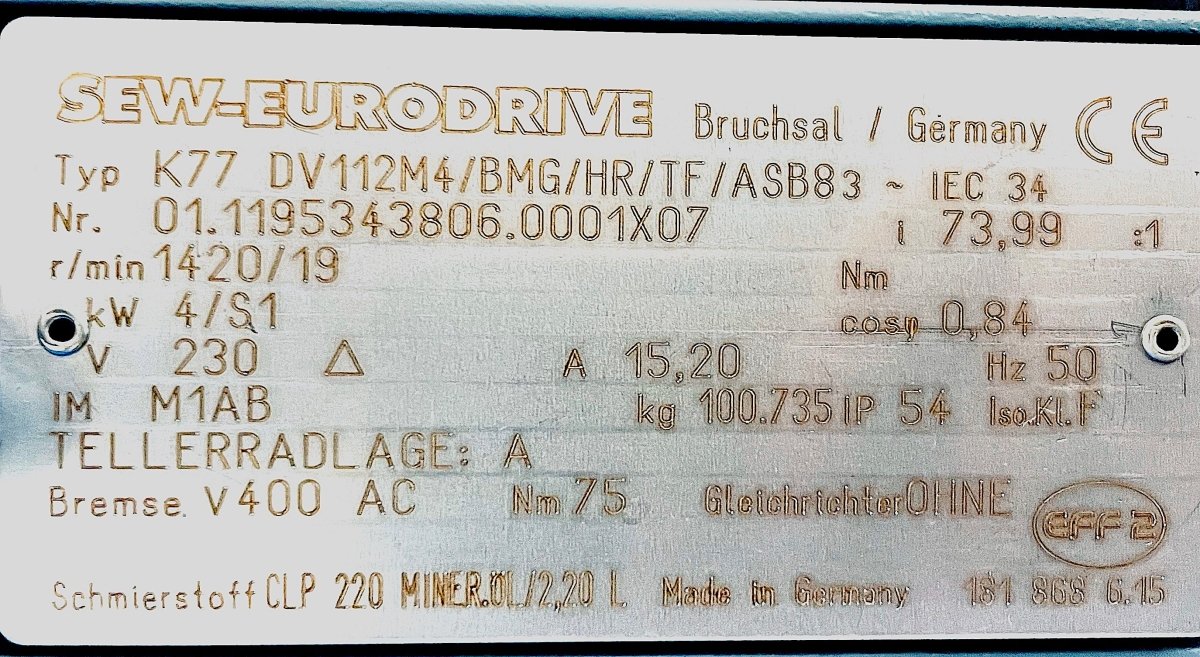 SEW - EURODRIVE Getriebemotor K77 DV112M4/BMG/HR/TF/ASB8 Nr.01.1195343806.0001X07 - #product_category# | KLEMA Maschinenhandel