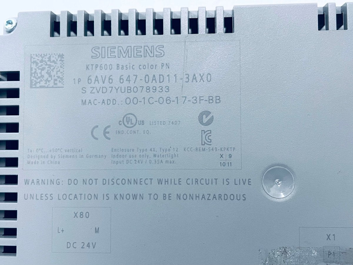 Siemens SIMATIC HMI KTP600 Basic Color PN 6AV6647 - 0AD11 - 3AX0 ZVD9YUBO84163 - #product_category# | KLEMA Maschinenhandel