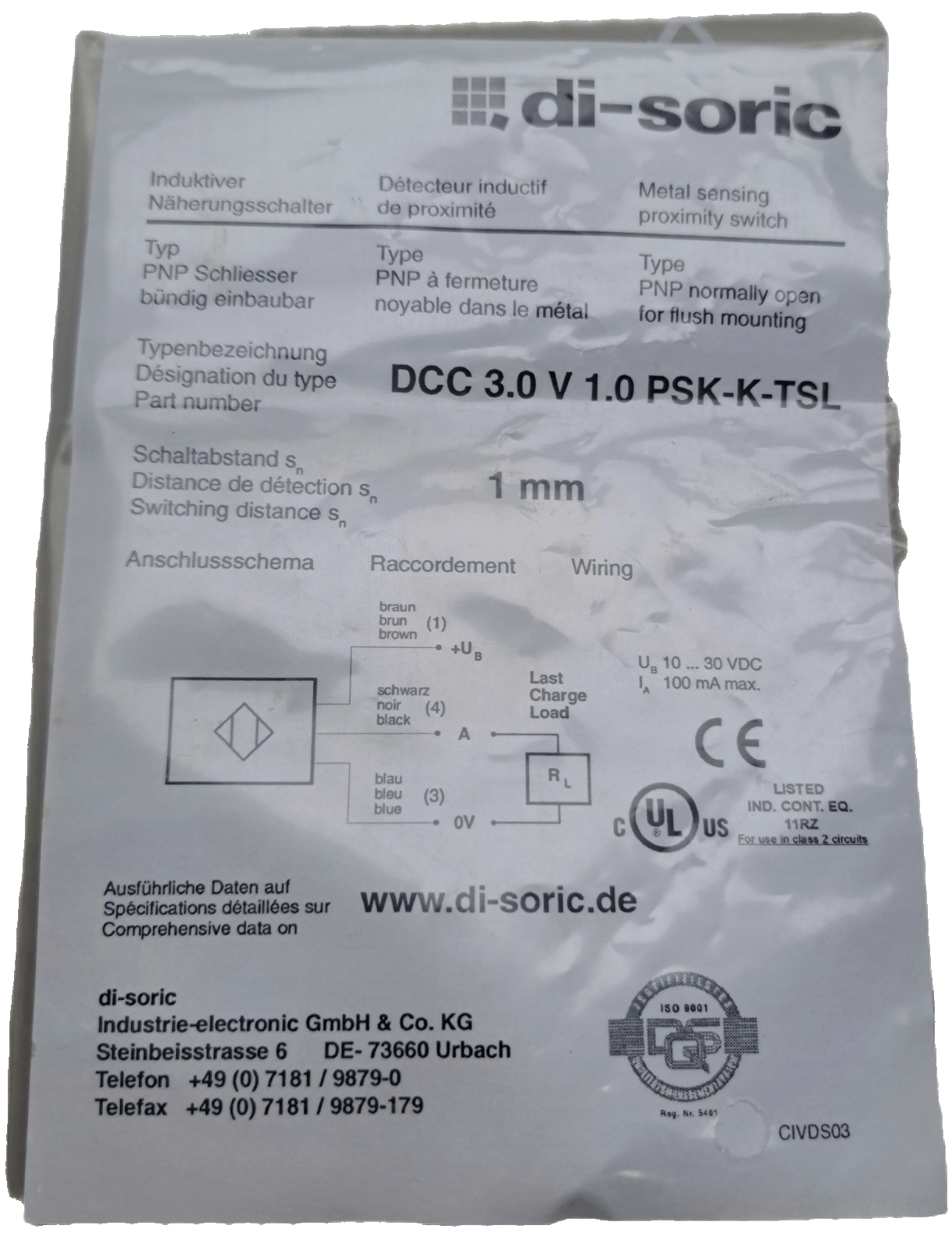 Di-soric Induktiver Näherungssensor INM-300 Miniatur Extended DCC3.0V1.0 PSK-K-TSL - #product_category# | Klenk Maschinenhandel