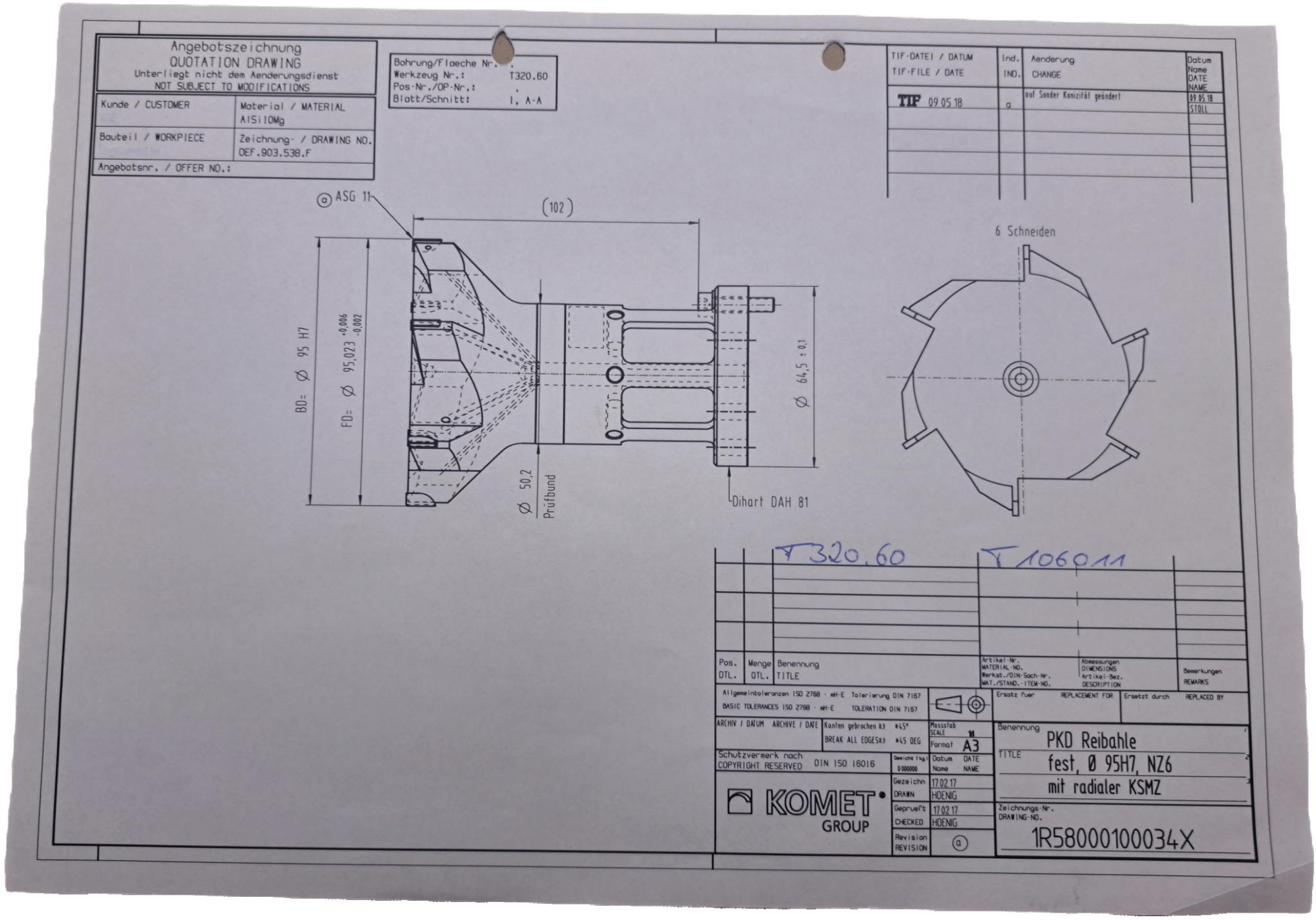 Komet PKD Reibahle fest, Ø95H7, NZ6 - #product_category# | Klenk Maschinenhandel