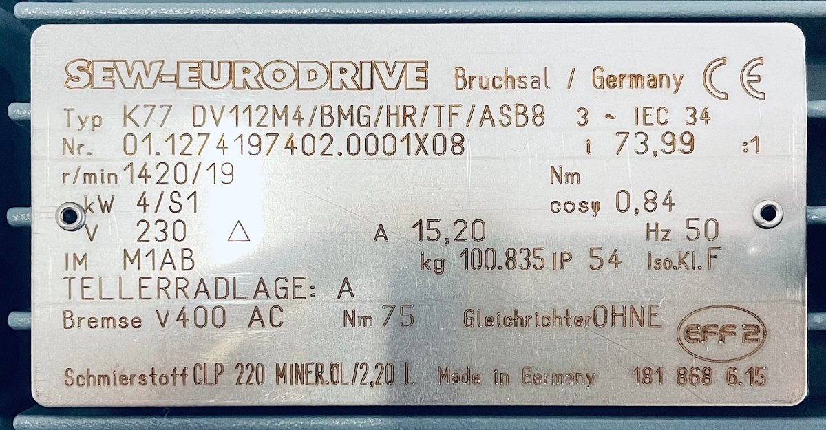 SEW - EURODRIVE Getriebemotor K77 DV112M4/BMG/HR/TF/ASB8 - #product_category# | KLEMA Maschinenhandel