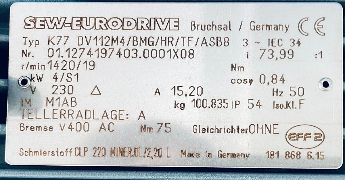 SEW - EURODRIVE Getriebemotor K77 DV112M4/BMG/HR/TF/ASB8 Nr. 01.1274197403.0001X08 - #product_category# | KLEMA Maschinenhandel