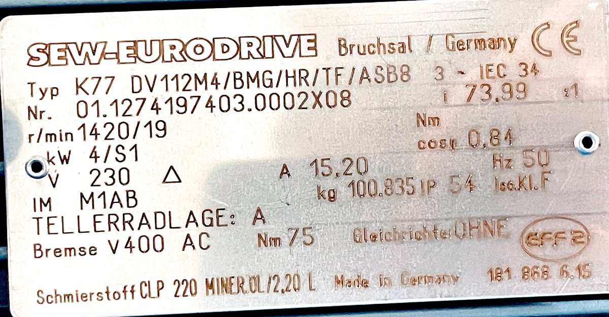 SEW - EURODRIVE Getriebemotor K77 DV112M4/BMG/HR/TF/ASB8 Nr. 01.1274197403.0002X08 - #product_category# | KLEMA Maschinenhandel