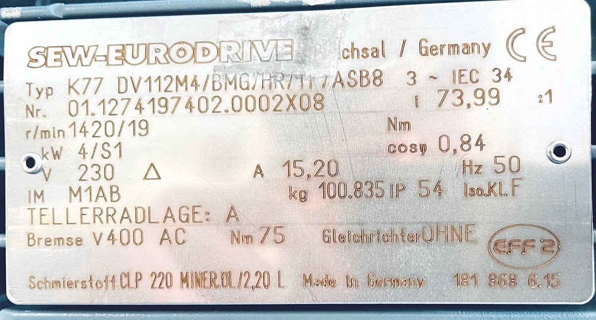 SEW - EURODRIVE Getriebemotor K77 DV112M4/BMG/HR/TF/ASB8 Nr.01.1274197402.0002X08 - #product_category# | KLEMA Maschinenhandel