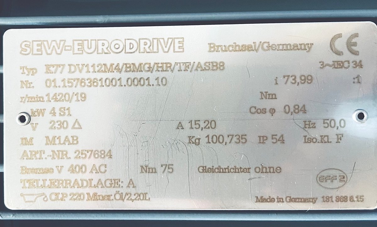 SEW - EURODRIVE Getriebemotor K77 DV112M4/BMG/HR/TF/ASB8 Nr.01.1576361001.0001.10 - #product_category# | KLEMA Maschinenhandel