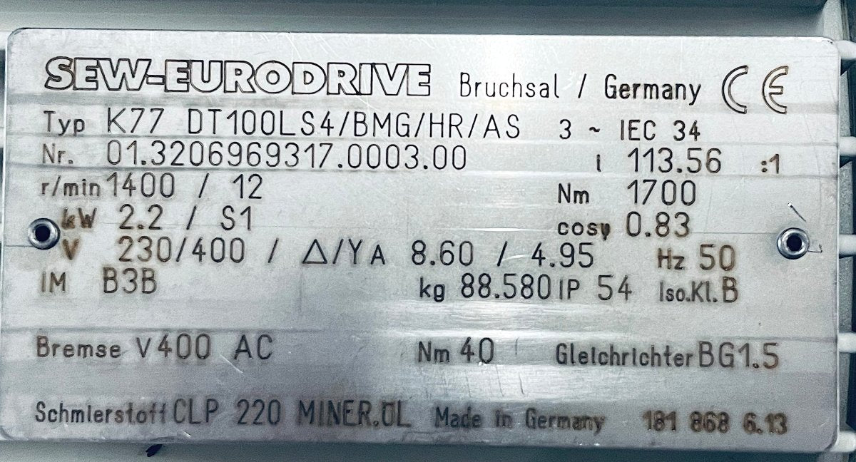 SEW - EURODRIVE Getriebemotor K77DT100LS4/BMG/HR/AS 01.3206969317.0003.00 - #product_category# | KLEMA Maschinenhandel