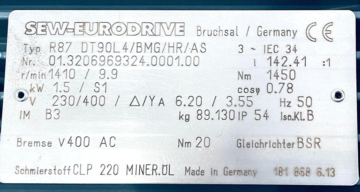 SEW - EURODRIVE Getriebemotor R87 DT90L4/BMG/HR/AS 01.3206969324.0001.00 - #product_category# | KLEMA Maschinenhandel