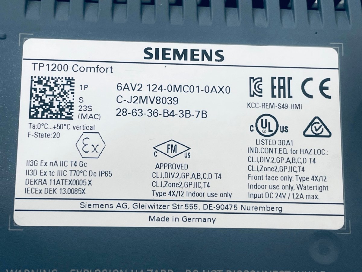 Siemens SIMATIC HMI TP 1200 Comfort 6AV2 124 - 0MC01 - 0AX0 C - J2MV8039 - #product_category# | KLEMA Maschinenhandel